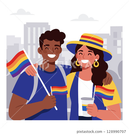 Diverse couple smiling with rainbow flags and pride accessories in urban setting vector illustration Diverse couple smiling with rainbow flags and pride accessories in urban setting vector illustration 128990707