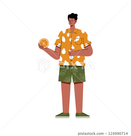 Young man holding orange slice in tropical outfit summer style vector illustration Young man holding orange slice in tropical outfit summer style vector illustration 128990714