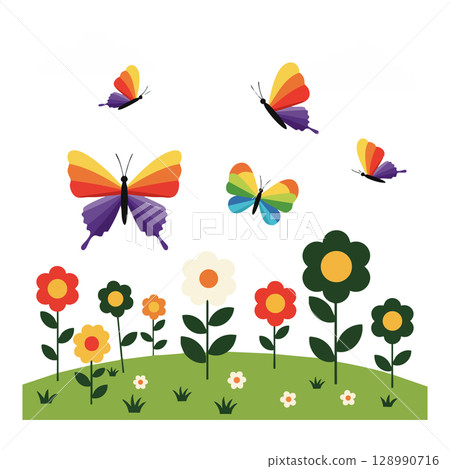 Colorful butterflies and multicolored flowers vector illustration of garden nature scene 128990716