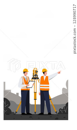 Construction workers using surveying equipment on site in safety gear vector illustration 128990717