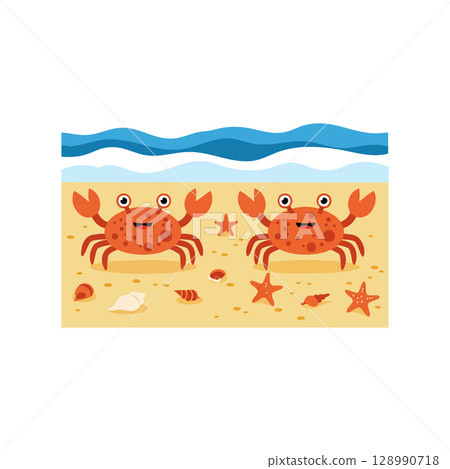 Cartoon crabs on sandy beach with seashells and starfish by ocean waves vector illustration Cartoon crabs on sandy beach with seashells and starfish by ocean waves vector illustration 128990718