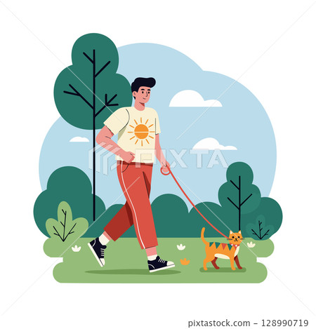 Man Walking Cat on Leash in Park with Trees and Clouds Vector Illustration Man Walking Cat on Leash in Park with Trees and Clouds Vector Illustration 128990719