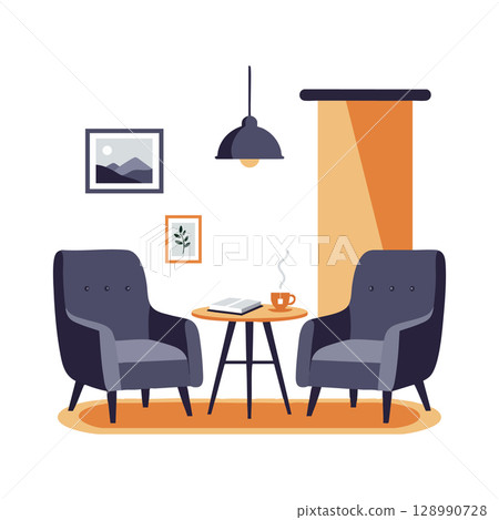 Cozy living room with armchairs coffee table and pendant light vector illustration Cozy living room with armchairs coffee table and pendant light vector illustration 128990728