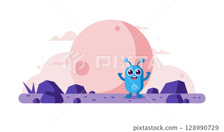 Blue alien character waving on rocky landscape with large pink moon vector illustration Blue alien character waving on rocky landscape with large pink moon vector illustration 128990729