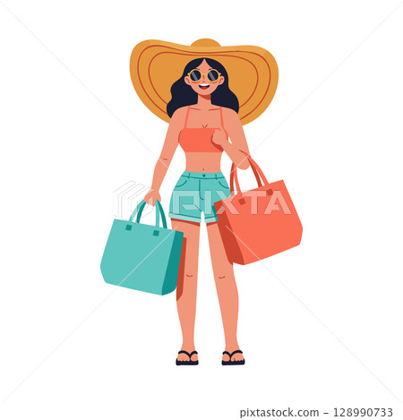 Woman with summer hat holding shopping bags in casual outfit vector illustration Woman with summer hat holding shopping bags in casual outfit vector illustration 128990733