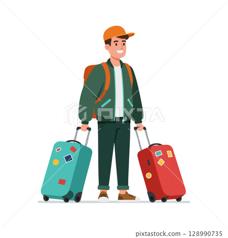 Young man traveler carrying two colorful suitcases in casual outfit with cap vector illustration Young man traveler carrying two colorful suitcases in casual outfit with cap vector illustration 128990735