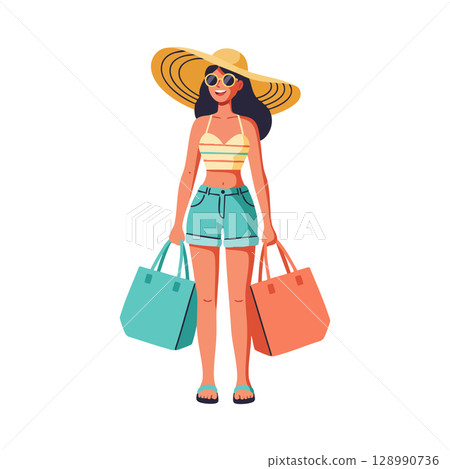 Woman with summer hat and sunglasses holding shopping bags in casual outfit vector illustration Woman with summer hat and sunglasses holding shopping bags in casual outfit vector illustration 128990736
