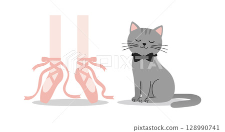 Gray cat with bow tie sitting near ballet dancer legs in pink pointe shoes vector illustration 128990741