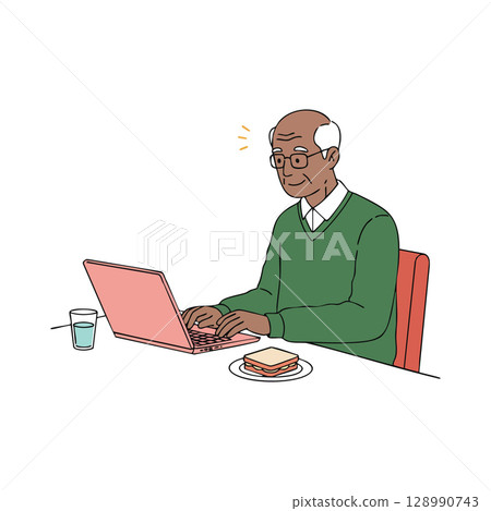Elderly man using laptop with sandwich and glass of water on table vector illustration Elderly man using laptop with sandwich and glass of water on table vector illustration 128990743