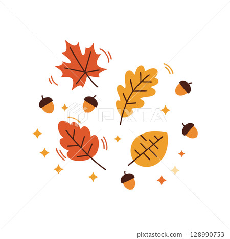 Autumn Leaves and Acorns Falling Vector Illustration with Orange and Yellow Colors 128990753