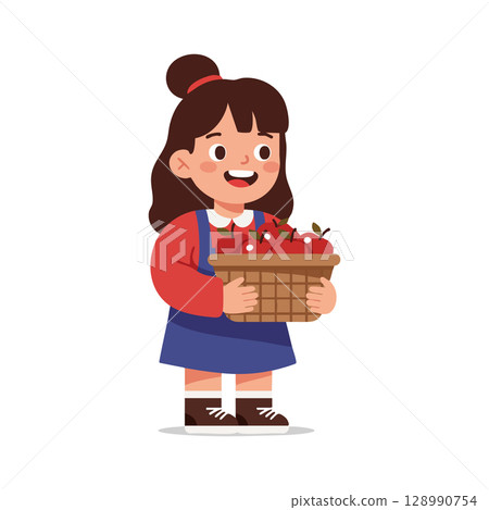 Girl holding basket of apples smiling cheerful vector illustration Girl holding basket of apples smiling cheerful vector illustration 128990754