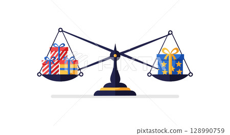 Balance scale weighing different gift boxes with ribbons colorful vector illustration 128990759