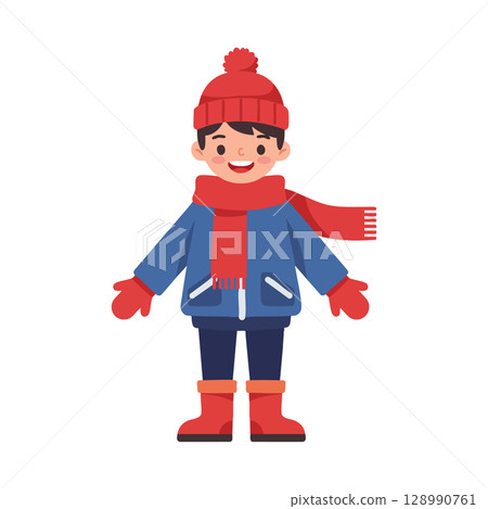 Boy Wearing Warm Winter Clothes with Red Hat Scarf Gloves and Boots Vector Illustration 128990761