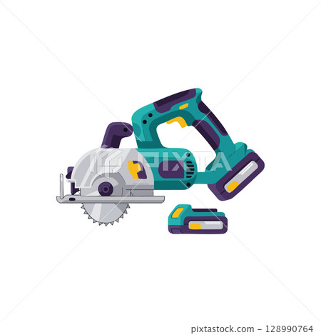 Cordless Circular Saw Power Tool Illustration with Blue and Purple Colors for Construction Use 128990764