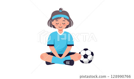 Girl sitting with soccer ball wearing blue sports outfit and headband vector illustration Girl sitting with soccer ball wearing blue sports outfit and headband vector illustration 128990766