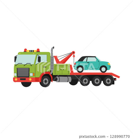 Tow truck carrying small blue car on flatbed vehicle transport illustration 128990770