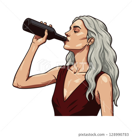 Woman with long gray hair drinking from bottle in red dress vector illustration 128990783