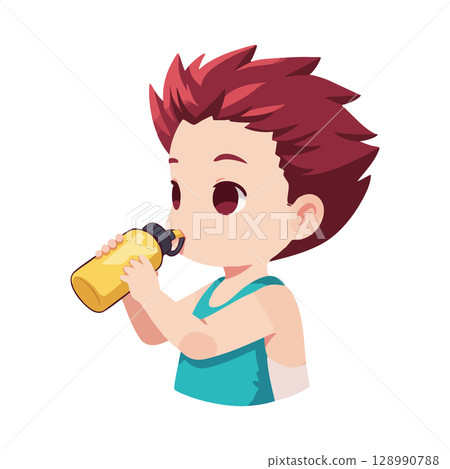Child drinking water from yellow bottle in blue tank top with red hair vector illustration Child drinking water from yellow bottle in blue tank top with red hair vector illustration 128990788