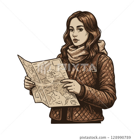 Young woman traveler with map exploring new places in autumn outfit vector illustration Young woman traveler with map exploring new places in autumn outfit vector illustration 128990789