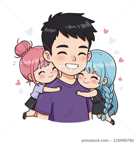 Father hugging two daughters with pink and blue hair in cute cartoon style vector illustration 128990790