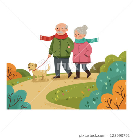 Elderly Couple Walking Dog in Autumn Park Wearing Warm Scarves and Jackets Elderly Couple Walking Dog in Autumn Park Wearing Warm Scarves and Jackets 128990791