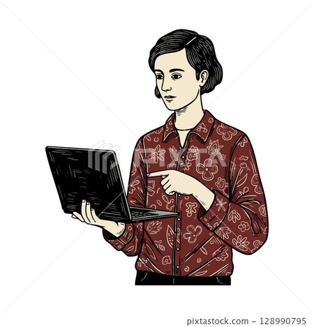Woman holding laptop pointing finger focused on screen casual clothing vector illustration 128990795