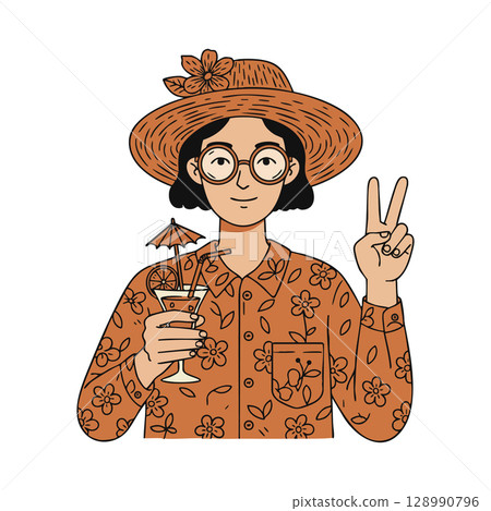 Woman in floral outfit holding cocktail glass and making peace sign vector illustration 128990796