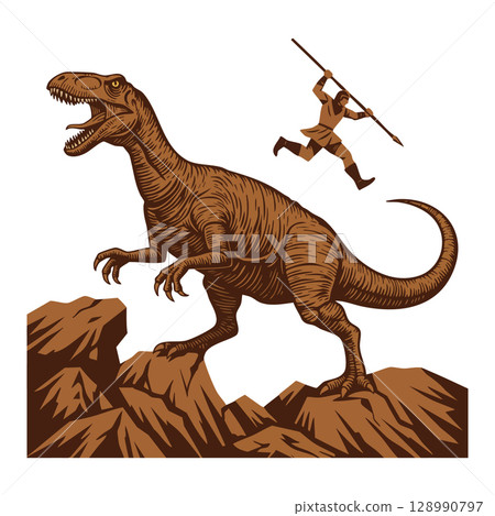 Dinosaur and hunter with spear attacking prehistoric rocky landscape vector illustration Dinosaur and hunter with spear attacking prehistoric rocky landscape vector illustration 128990797