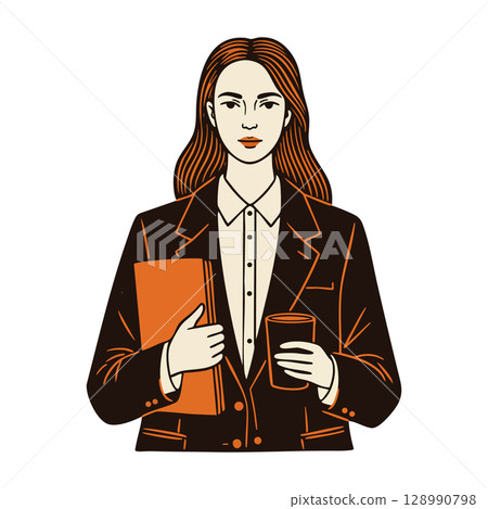 Professional woman holding folder and coffee cup business casual illustration vector Professional woman holding folder and coffee cup business casual illustration vector 128990798