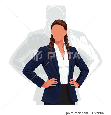 Businesswoman standing confident with hands on hips and shadow in background vector illustration Businesswoman standing confident with hands on hips and shadow in background vector illustration 128990799
