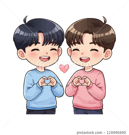 Two cheerful boys making heart hand signs with pink heart symbol vector illustration Two cheerful boys making heart hand signs with pink heart symbol vector illustration 128990800