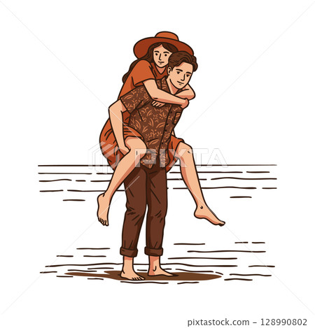 Couple enjoying a piggyback ride on the beach barefoot in casual summer clothes Couple enjoying a piggyback ride on the beach barefoot in casual summer clothes 128990802