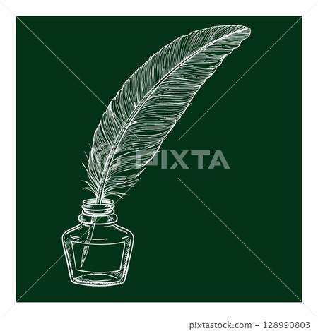 Feather quill pen and ink bottle vintage writing tool vector illustration green background Feather quill pen and ink bottle vintage writing tool vector illustration green background 128990803