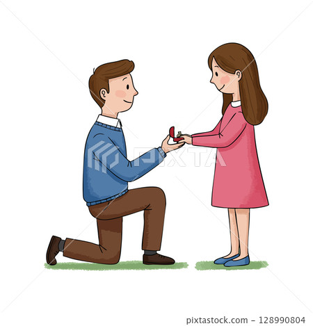 Marriage proposal scene with man kneeling and woman receiving ring in casual clothes vector illustration Marriage proposal scene with man kneeling and woman receiving ring in casual clothes vector illustration 128990804