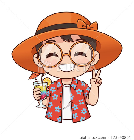 Smiling person wearing orange hat and floral shirt holding cocktail with peace sign vector illustration 128990805