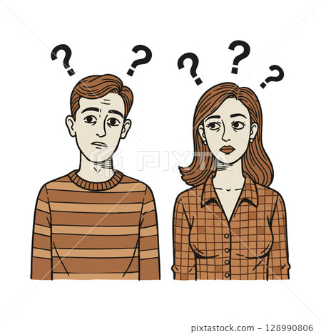 Confused man and woman with question marks above heads in casual striped and checkered shirts vector illustration Confused man and woman with question marks above heads in casual striped and checkered shirts vector illustration 128990806