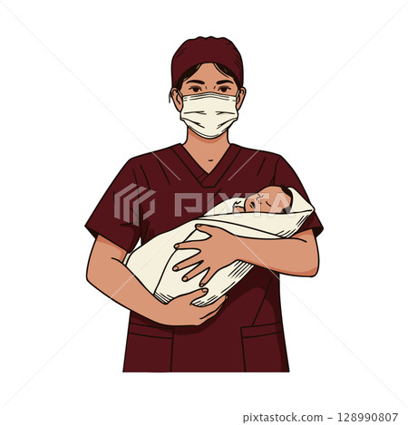 Nurse holding newborn baby wearing face mask and scrubs healthcare vector illustration Nurse holding newborn baby wearing face mask and scrubs healthcare vector illustration 128990807