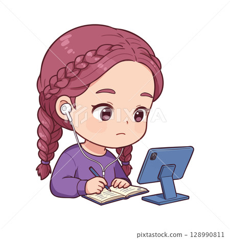 Young girl with braided hair studying with tablet and earphones in purple sweater vector illustration 128990811