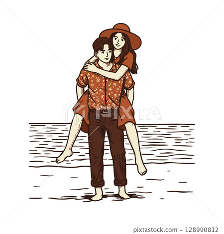 Young couple enjoying piggyback ride on beach in warm brown and orange tones Young couple enjoying piggyback ride on beach in warm brown and orange tones 128990812