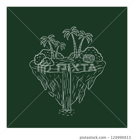 Floating island with palm trees waterfall and treasure chest vector illustration dark green background Floating island with palm trees waterfall and treasure chest vector illustration dark green background 128990813