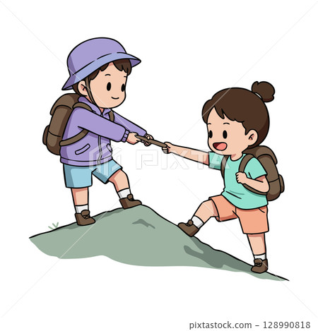 Children Hiking Helping Each Other Outdoors Adventure Friendship Illustration 128990818