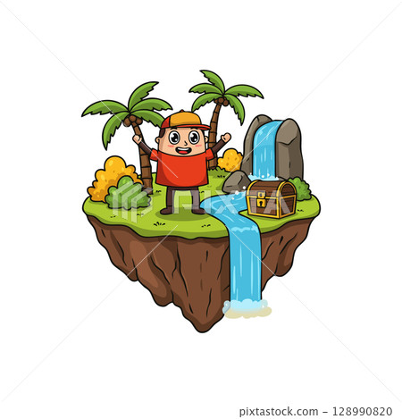 Cartoon boy celebrating on floating island with waterfall treasure chest and palm trees vector illustration 128990820