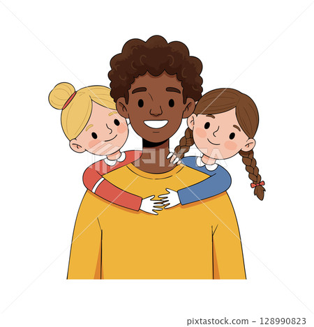 Father with two daughters hugging from behind happy family moment vector illustration 128990823