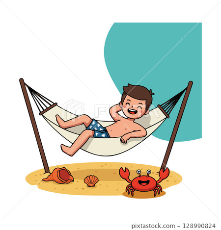 Boy Relaxing in Hammock on Beach with Crab and Seashells Summer Scene Boy Relaxing in Hammock on Beach with Crab and Seashells Summer Scene 128990824