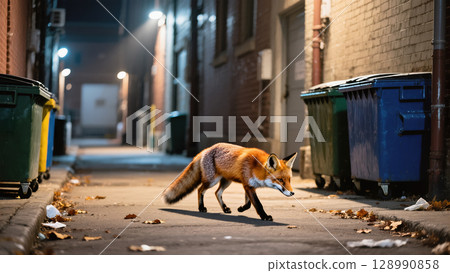 Urban red fox cautiously walking through city alley at night, surrounded by trash bins and autumn leaves under artificial street lighting. Urban red fox cautiously walking through city alley at night, surrounded by trash bins and autumn leaves under artificial street lighting. 128990858