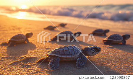 Baby sea turtles crawling on beach at sunset, heading toward ocean waves in golden light during their first journey to the sea. 128990867