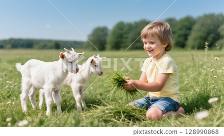 Happy young boy feeding grass to two white baby goats in sunny meadow on a bright summer day with blooming wildflowers. 128990868
