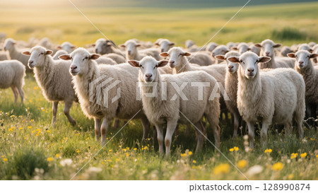 Flock of white sheep standing in green meadow with wildflowers during golden hour on peaceful countryside pasture. 128990874
