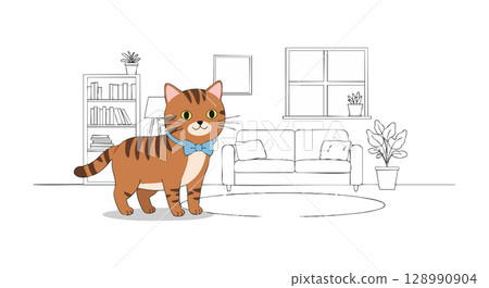 Cute brown tabby kitten with collar in modern living room vector illustration 128990904