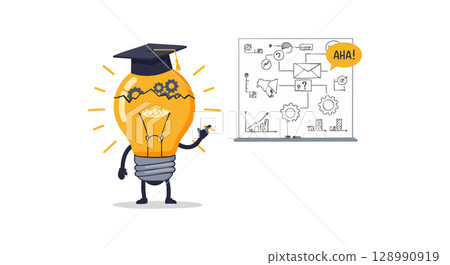 Light Bulb Character Wearing Graduation Cap Pointing at Business Strategy Board Vector Illustration 128990919